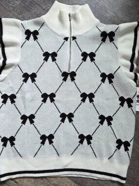 NWT Bow Print Ruffled Cap Sleeve Sweater Top 1/4 Zipper Front Sz Small
